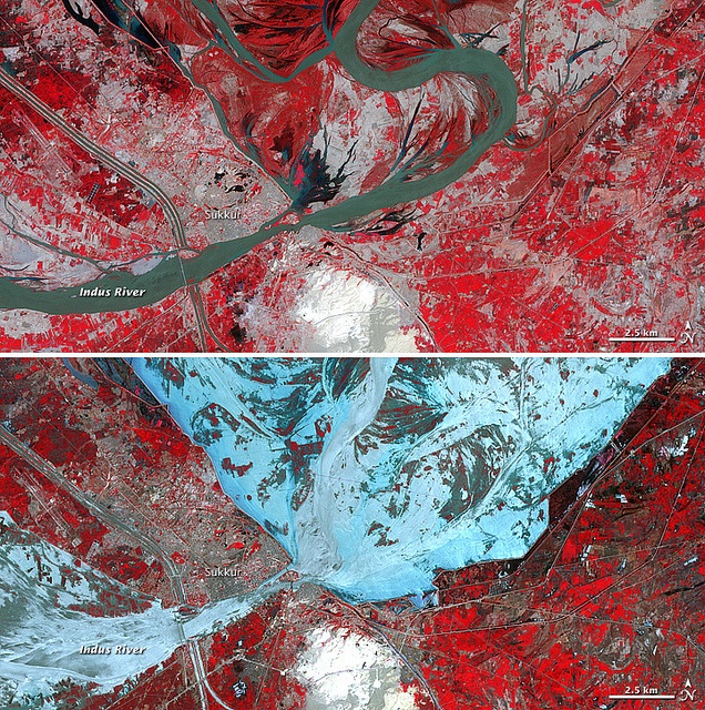 A false-colour satellite photo showing the extent of damage surrounding the Indus River during the 2010 Pakistan floods.