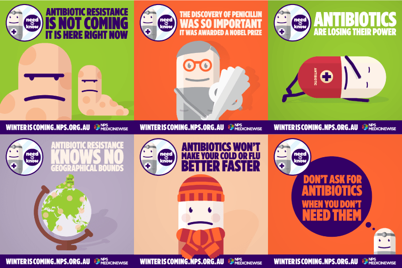 6 posters from NPS MedicineWise with cartoon style illustrations promoting awareness of antimicrobial resistance