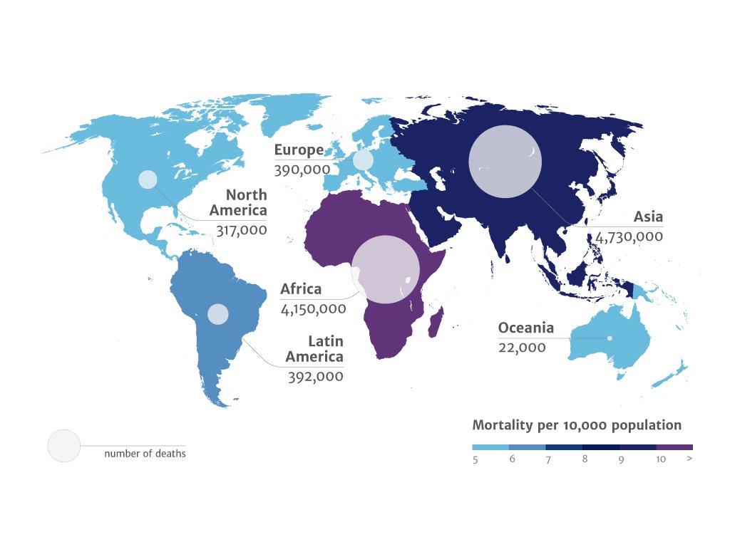 World map showing numbers of deaths caused by antimicrobial resistance