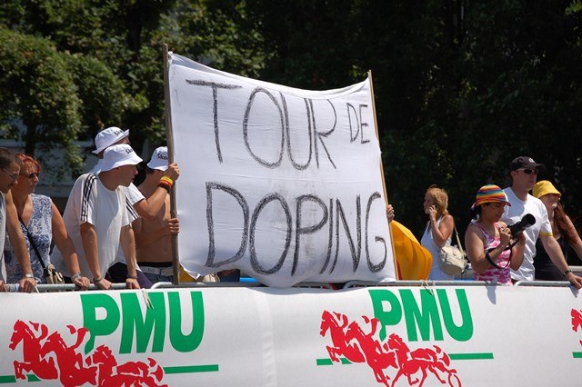 Protest banner against doping at the Tour de France, 2006.