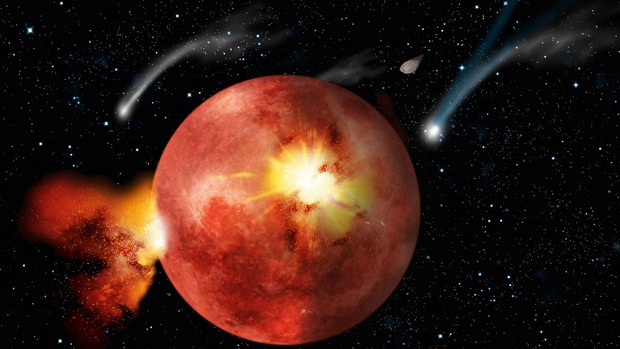 An artist's impression of the moon heated up by a bombardment of asteroid and comet collisions.