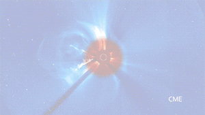When clicked, this image shows footage of coronal mass ejections (CMEs). They appear as ejections of matter from the sun's surface into space.