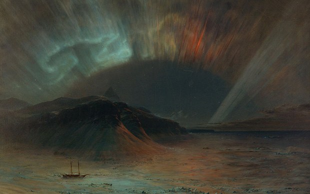 A painting depicting a spectacular show of the northern lights above a coastal region.
