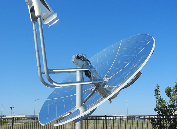 PNNL’s concentrating solar power system for natural gas power plants, installed on a mirrored parabolic dish.