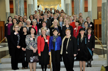 Around 50 representatives on a staircase at Parliament House at the launch