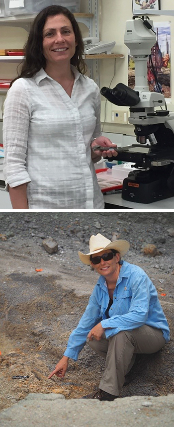 Woman in front of a microscope in the lab; woman pointing at the ground in a rocky landscape