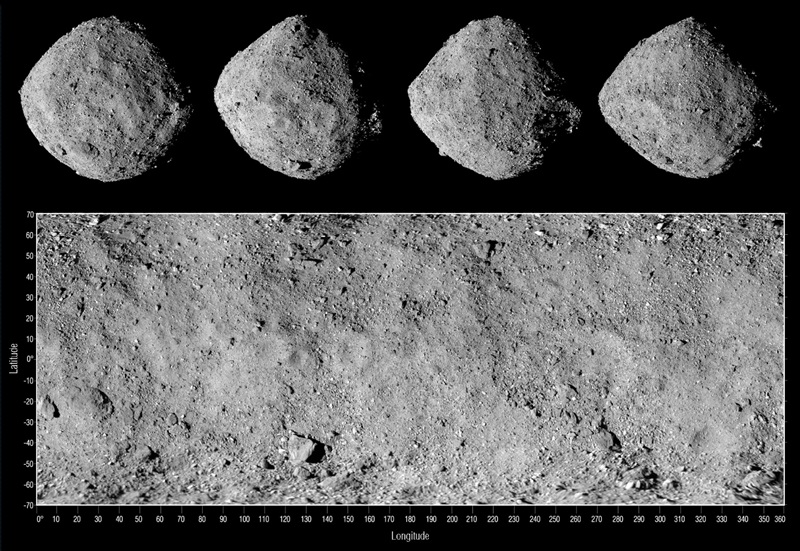 A series of four views of a grey lumpy rock against a black background, above a rectangular close-up of a rocky surface.