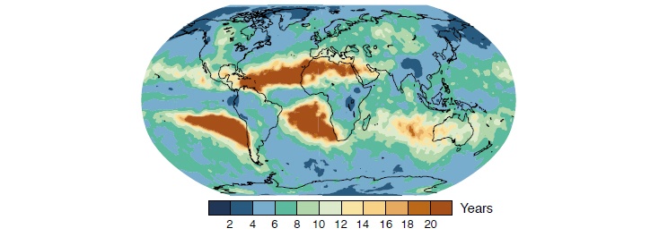 Figure 5.3: Over most continents, a heavy rainfall event that occurs only once in 20 yearstoday is expected to occur at least twice as often by end of the 21st century.