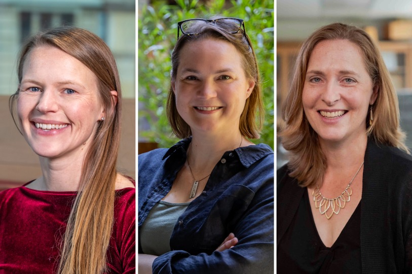 Three portrait photos of researchers smiling at the camera