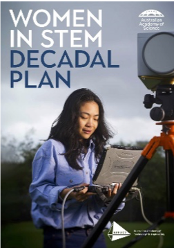 The cover of the Women in STEM decadal plan. It includes a researcher working in the field holding a laptop