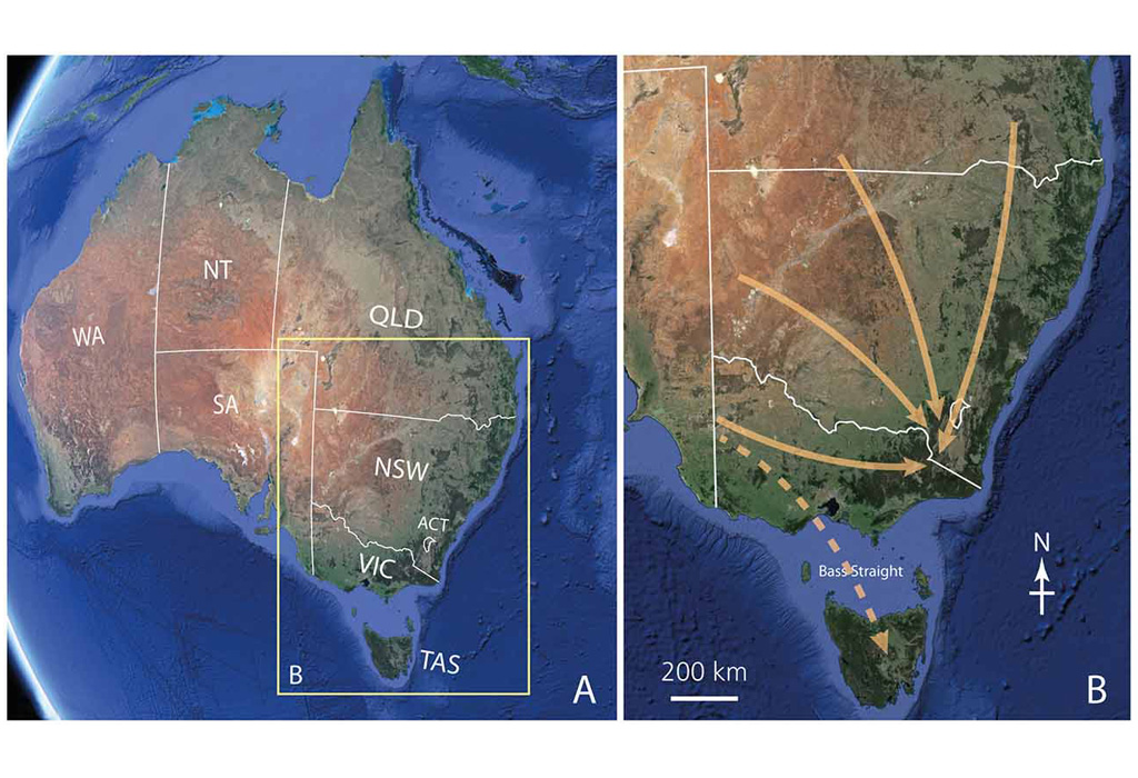 Map of Australia and close-up map of south-eastern Australia