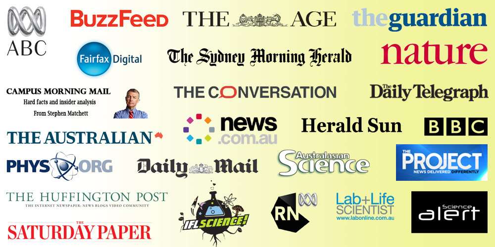 Some of the media outlets that featured the Academy or its activities: ABC, Buzzfeed, The Age, The Guardian, Fairfax Digital, The Sydney Morning Herald, Nature, Campus Morning Mail, The Conversation, The Daily Telegraph, The Australian, news.com.au, Herald Sun, BBC, Phys.org, Daily Mail, Australiasian Science, The Project, The Huffington Post, IFLScience, RN, Lab+Life Scientist, Science Alert, The Saturday Paper