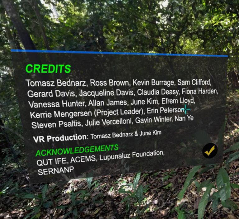 Screenshot of a text box with a list of people’s names ‘floating’ in a virtual jungle environment
