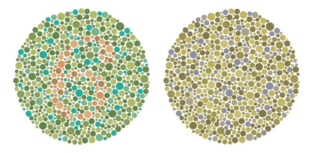 Two circular images with differently coloured and sized dots