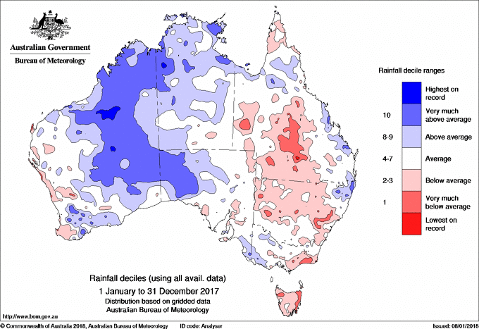 Map of Australia showing rainfall anomalies for 2017