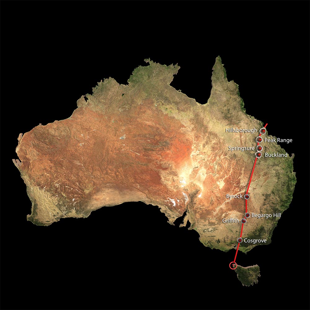 Map of Australia showing hot spot volcano locaitons