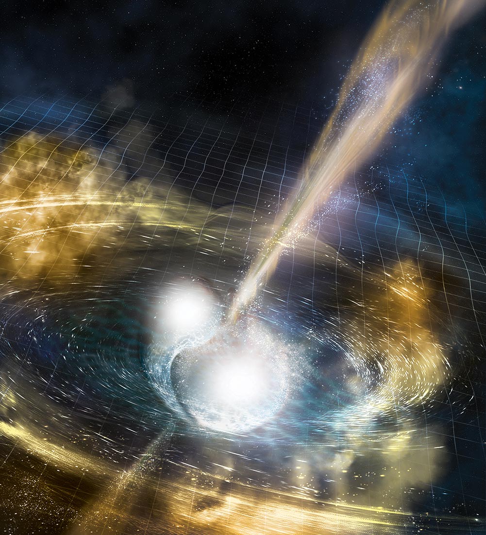 computer graphic representation of two neutron stars causing ripples in space time
