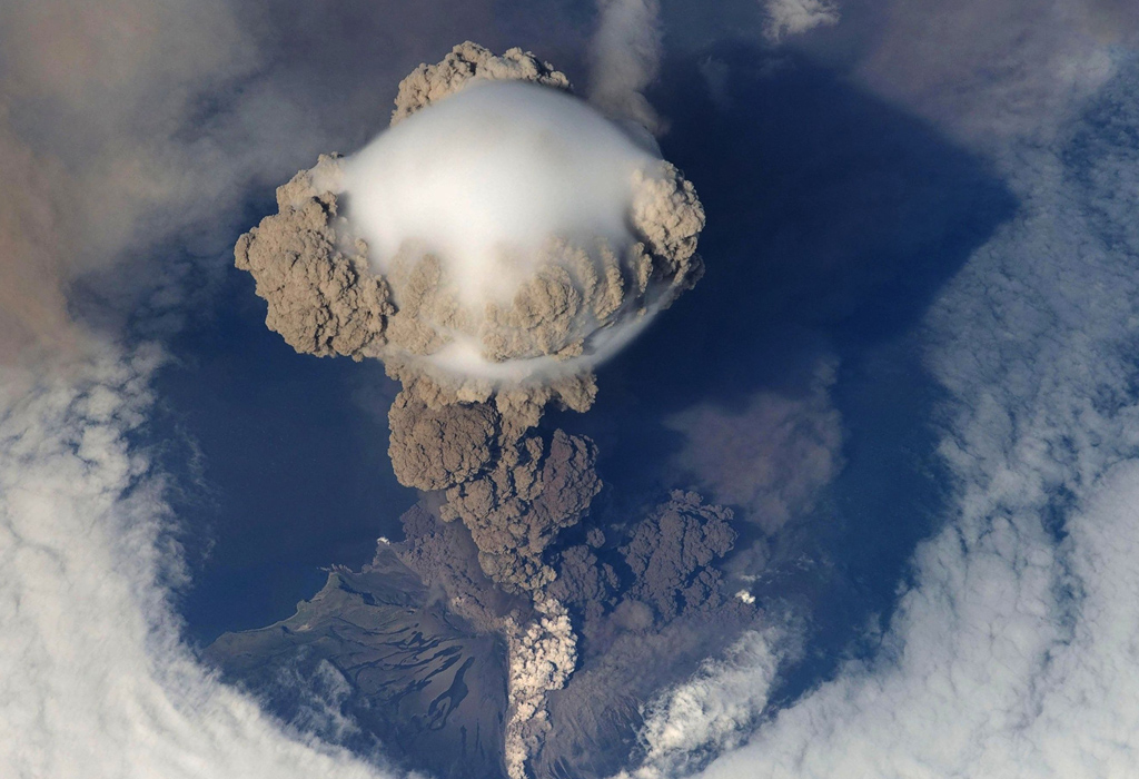 Volcano ash cloud viewed from above