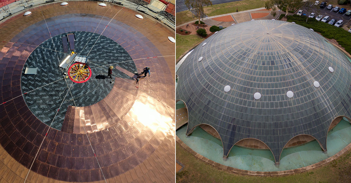 The shiny copper tiles of a dome building called the Shine Dome.