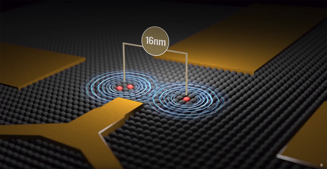 An artist's impression of two qubits separated by 16 nm