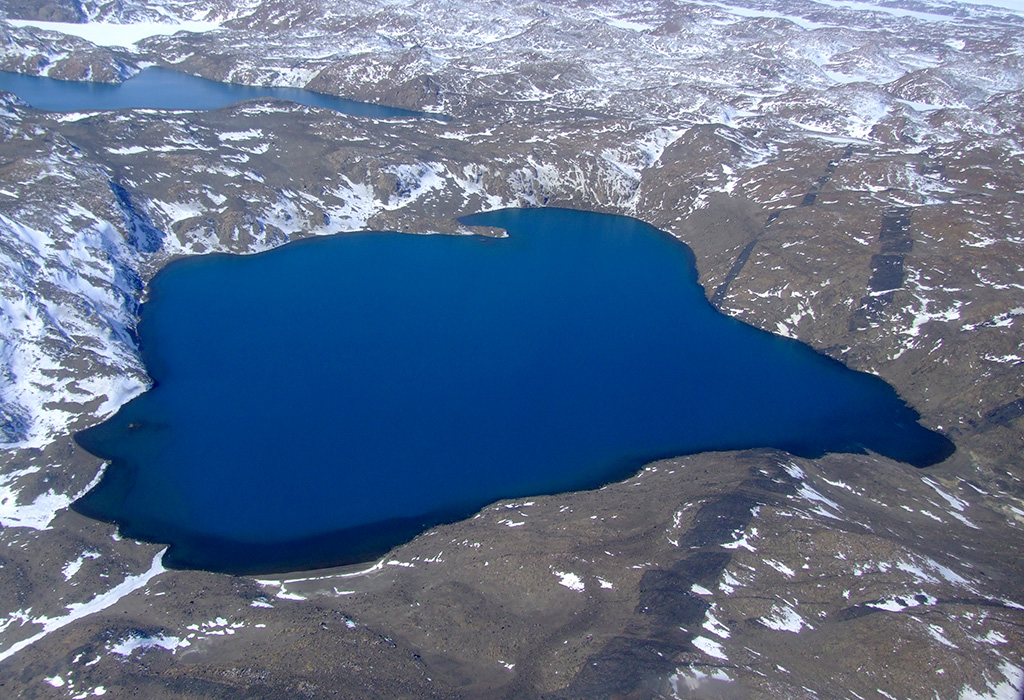Aerial view of a lake in Antarctica