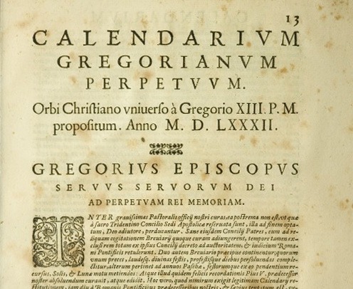A page in Latin from the papal bull Inter gravissimas, introducing the Gregorian calendar