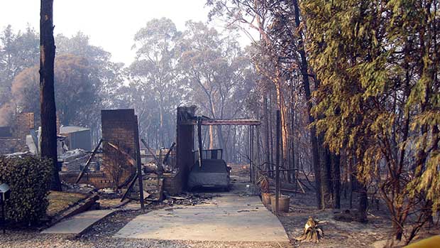 A photo of a completely burnt house.