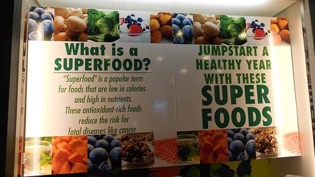 A photo of a display about superfoods.