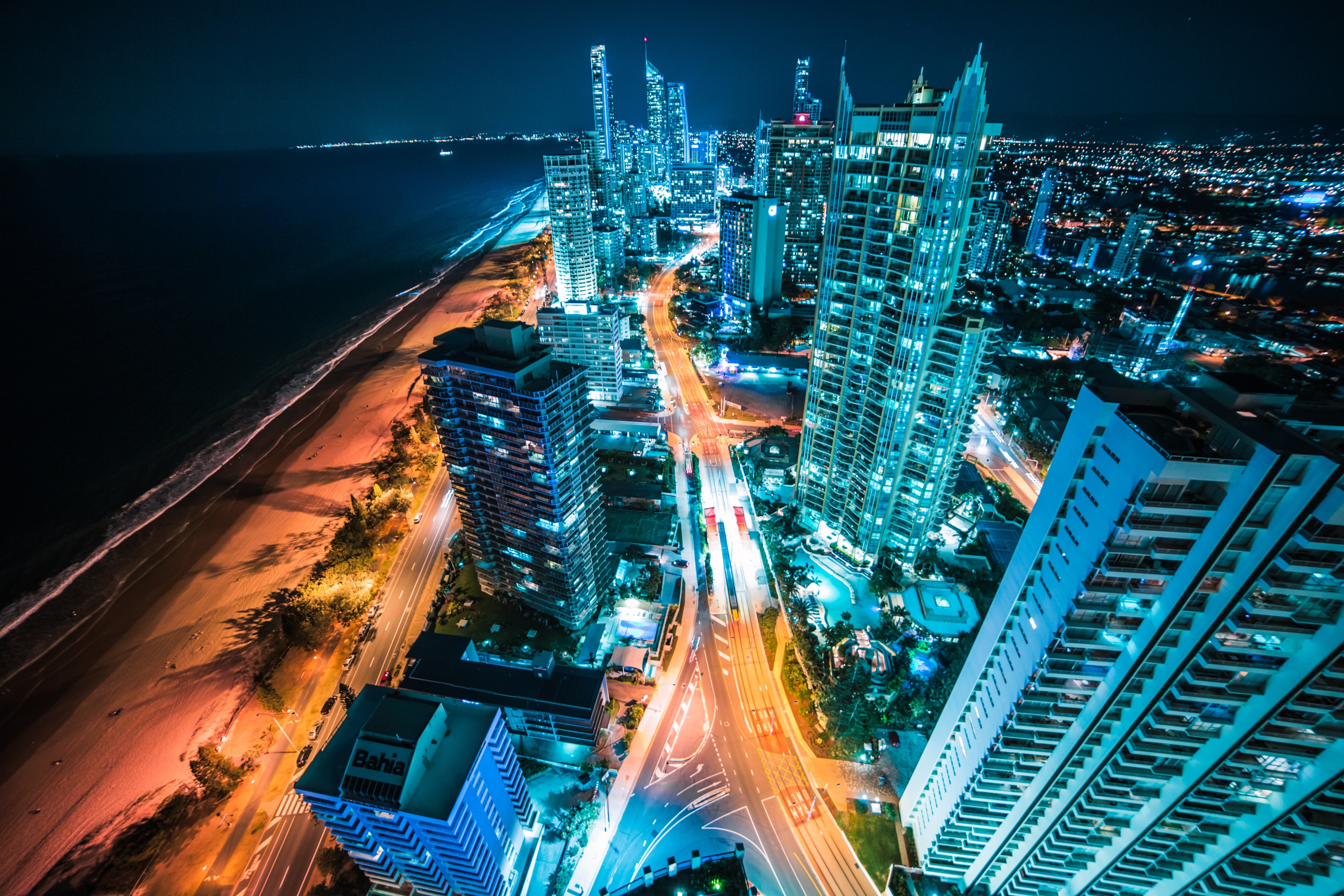 Night time aerial photo of the Gold Coast