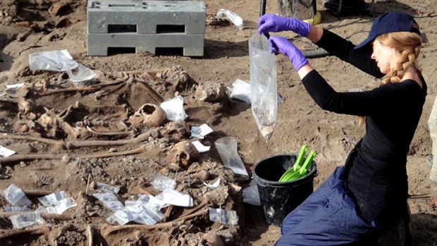 An archaeologist sampling remains from a mass grave