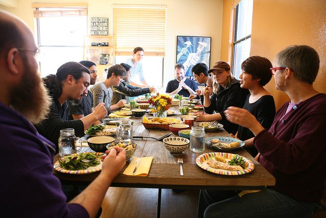 People chatting and eating