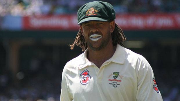 Cricketer Andrew Symonds wearing white zinc cream on his lips.