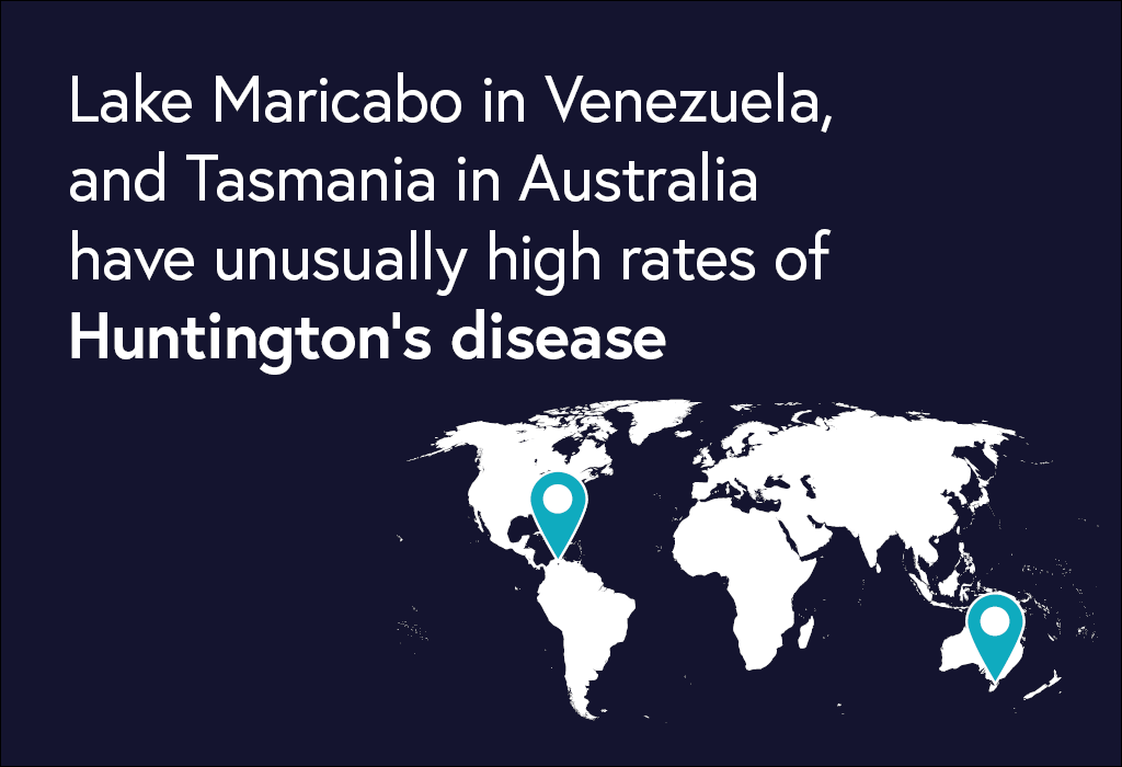 Infographic showing that Lake Maricabo in Venezuela and Tasmania in Australia have unusually high rates of Huntington's disease