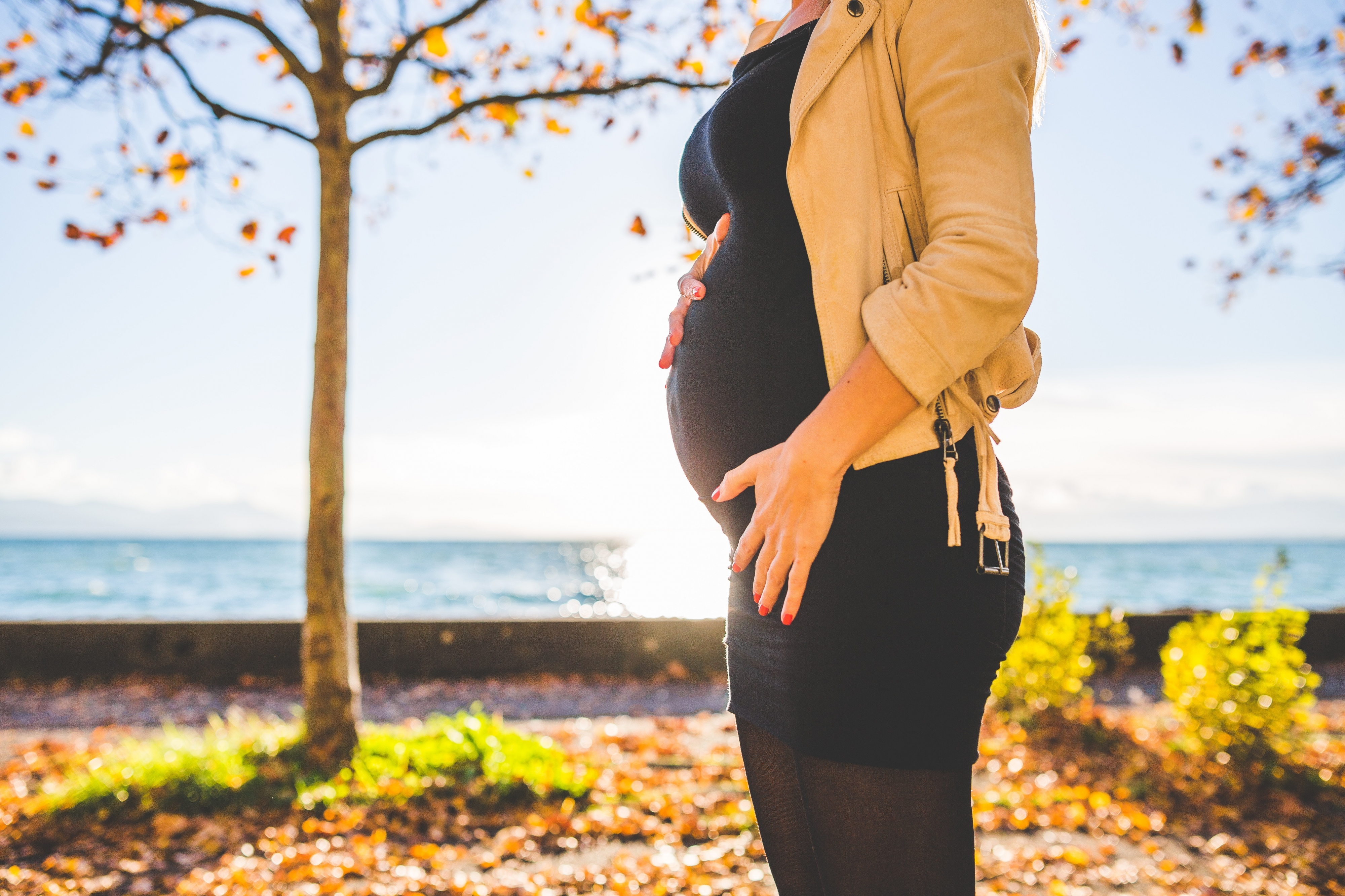 A pregnant woman in an autumnal setting