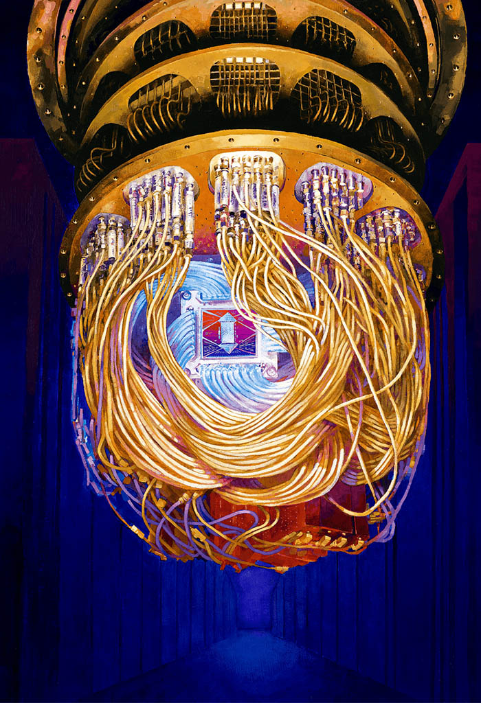 A digital painting showing lots of curly metal wires draping downwards from a central cylindrical metal housing
