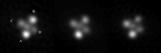Three images showing the same array of five dots of light arranged in a cross shape against a black background taken at different times. The brightness of some of the dots changes between each image.