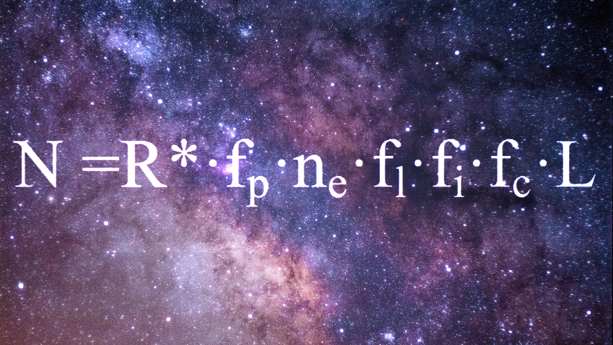 Graphic showing the Drake Equation: N = R* x fp x ne x fl x fi x fc x L