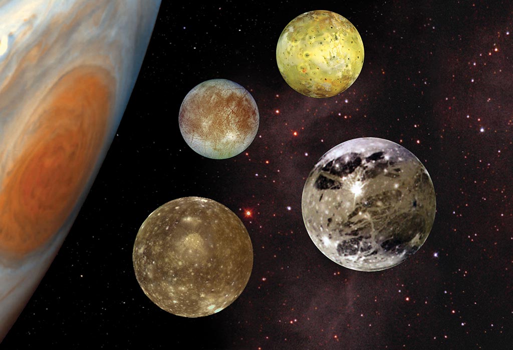 An artist’s impression of the Galilean moons of Jupiter