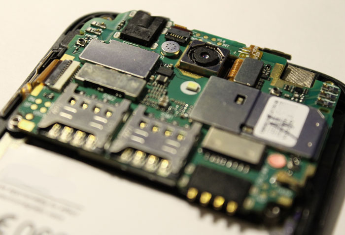 Electronics inside a smartphone seen close-up.