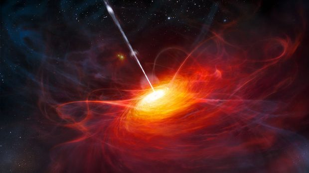 A simulated image of a quasar, shown to be a disc of incredibly bright red swirling gases, with a jet of light spouting out of the middle of the disc.