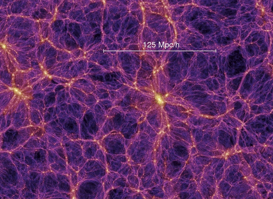 A simulated image of the dark matter distribution in the universe, with the structure forming what has been called the cosmic web.