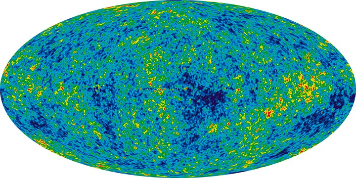 An image showing the cosmic microwave background. Fluctuations in colour represent small temperature differences.
