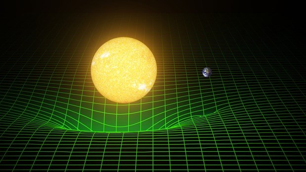 Diagram showing a large star (our Sun) causing a ‘dent’ in a lattice-like representation of the ‘fabric’ of spacetime.