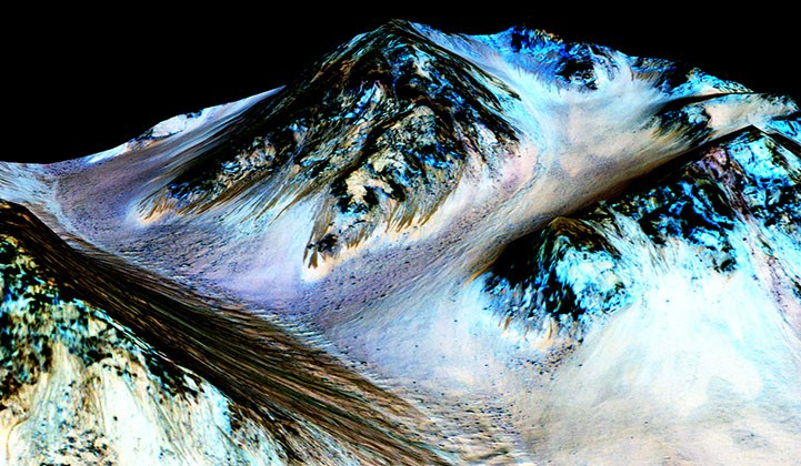 Picture of recurring slope lineae features believed to be evidence of flowing water on Mars