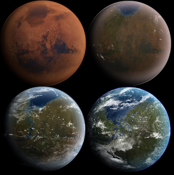 Four images showing the progression of the development of a biosphere on Mars