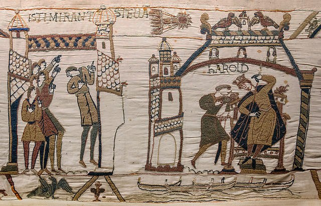 The Bayeux Tapestry illustrates people observing Halley’s Comet, which was visible from Earth in 1066