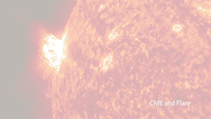 When clicked, this image shows footage of solar flares and CMEs happening at the same time. It looks like an ejection of matter around the same time as a flash of bright light from the sun's surface.