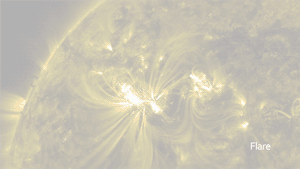 When clicked, this image shows footage of solar flares. They appear as bright flashes of light on the sun's surface.