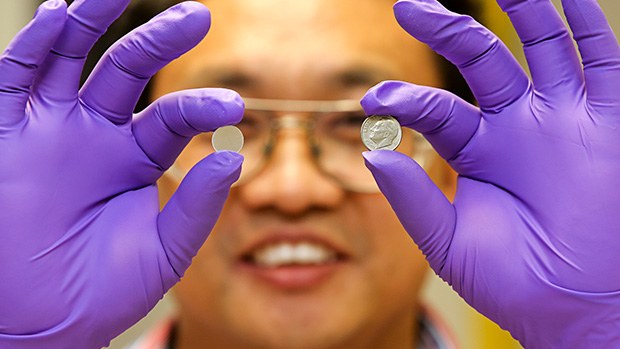 A coin-sized lithium-sulfur battery.
