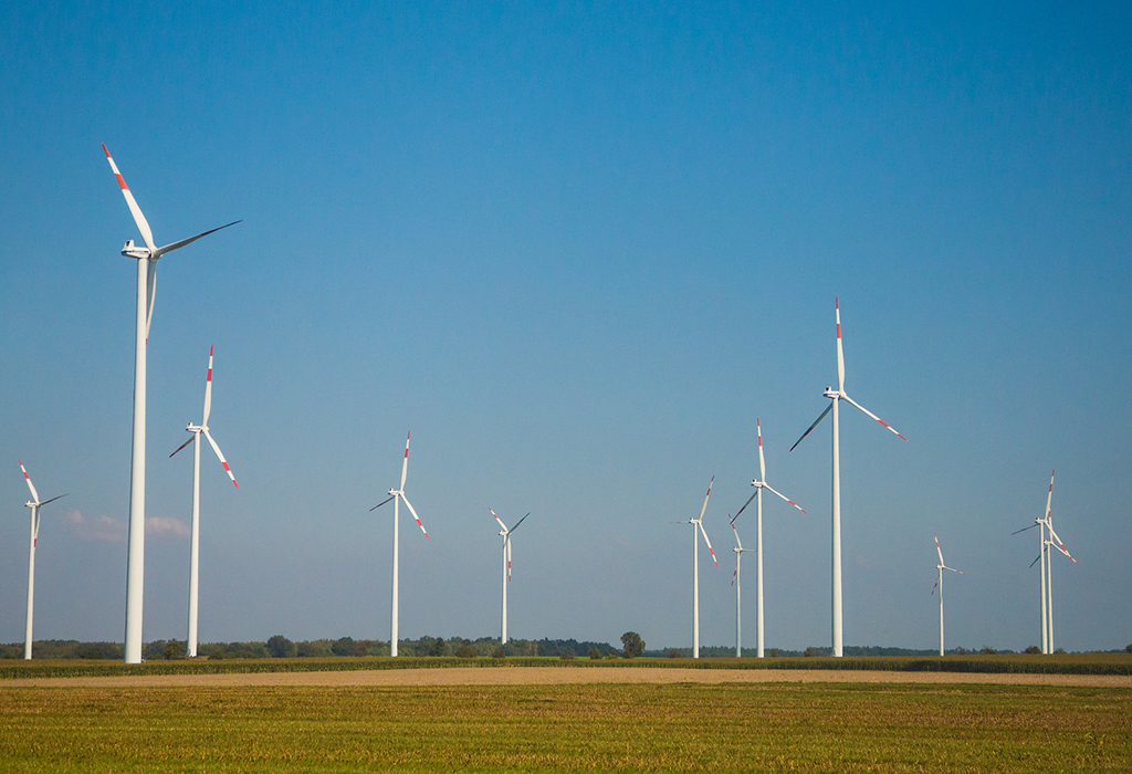 Wind turbines in an outdoor field